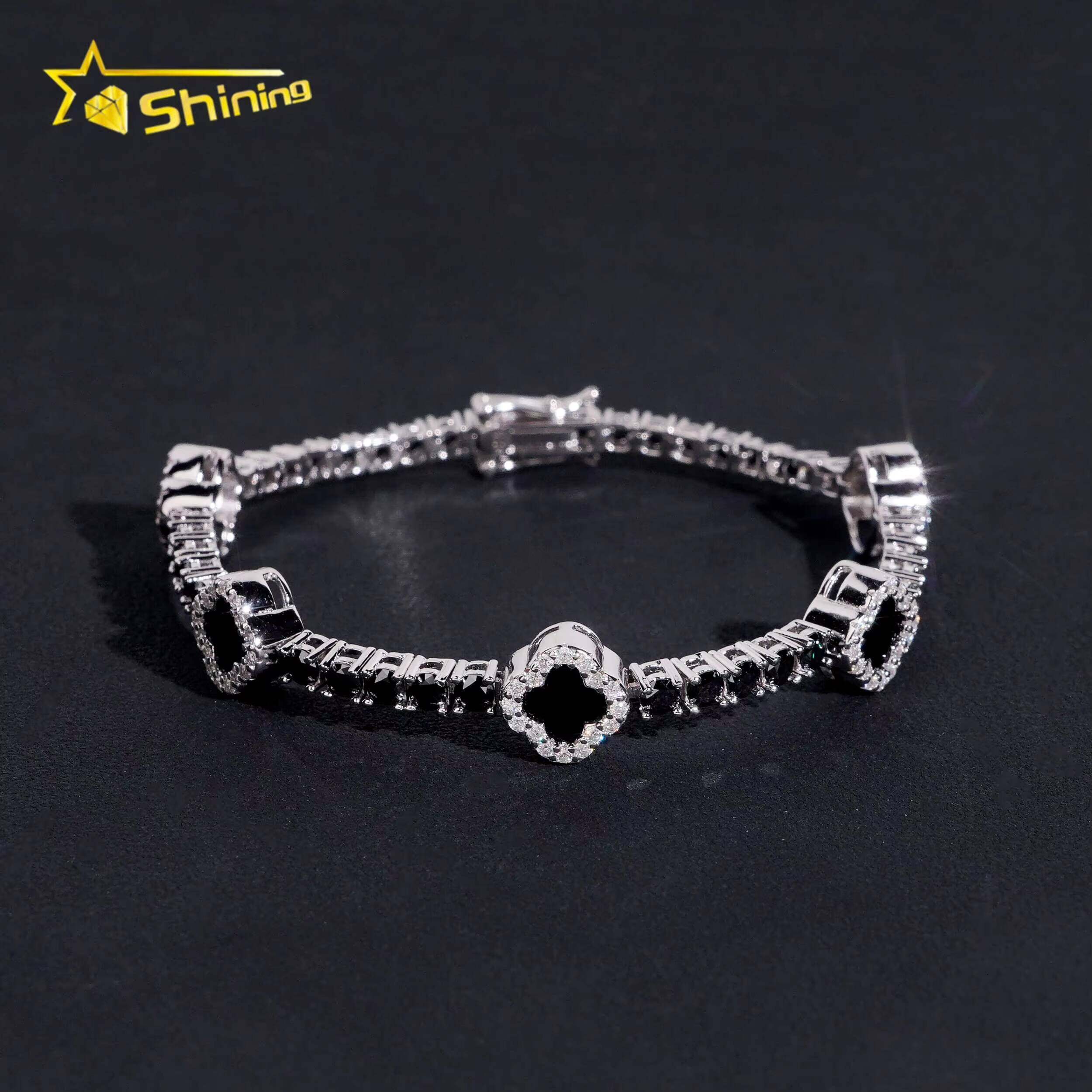 USA Warehouse Local Stock3mm Moissanite Bracelet 925 Solid Silver Hip Hop Iced Out GRA Moissanite Black Clover Tennis Bracelet