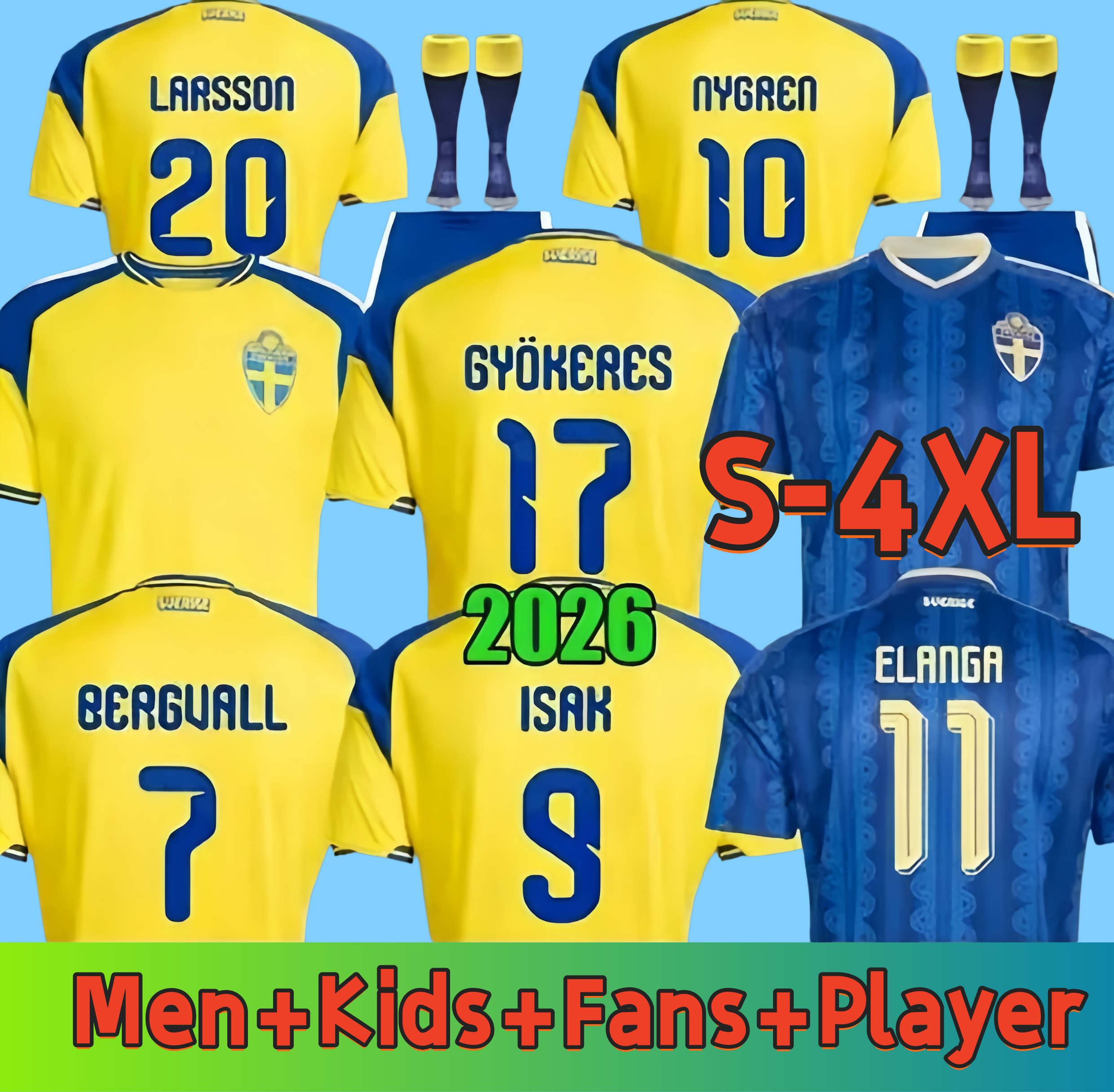 S-4XL 26 27 Sweden ISAK Soccer Jerseys 2026 World Cup Sverige Home Away Third Fans Player Men kids Football Shirt Kit Gyokeres Bergvall Nygren Elanga Larsson