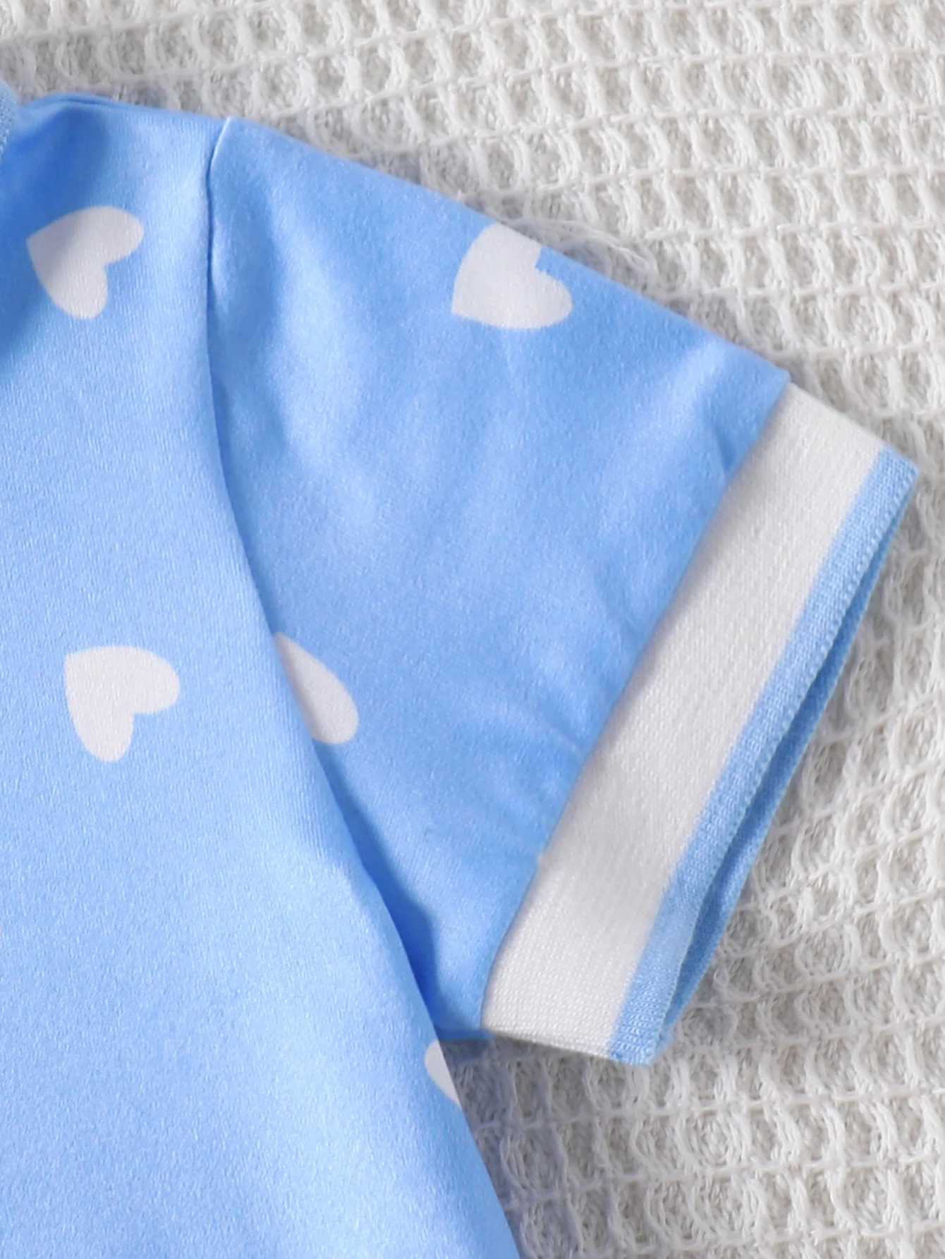 Baby Girl Blue Polo Dress with White Heart Print Short Sleeve Collared Pleated Dress for Toddlers H260402