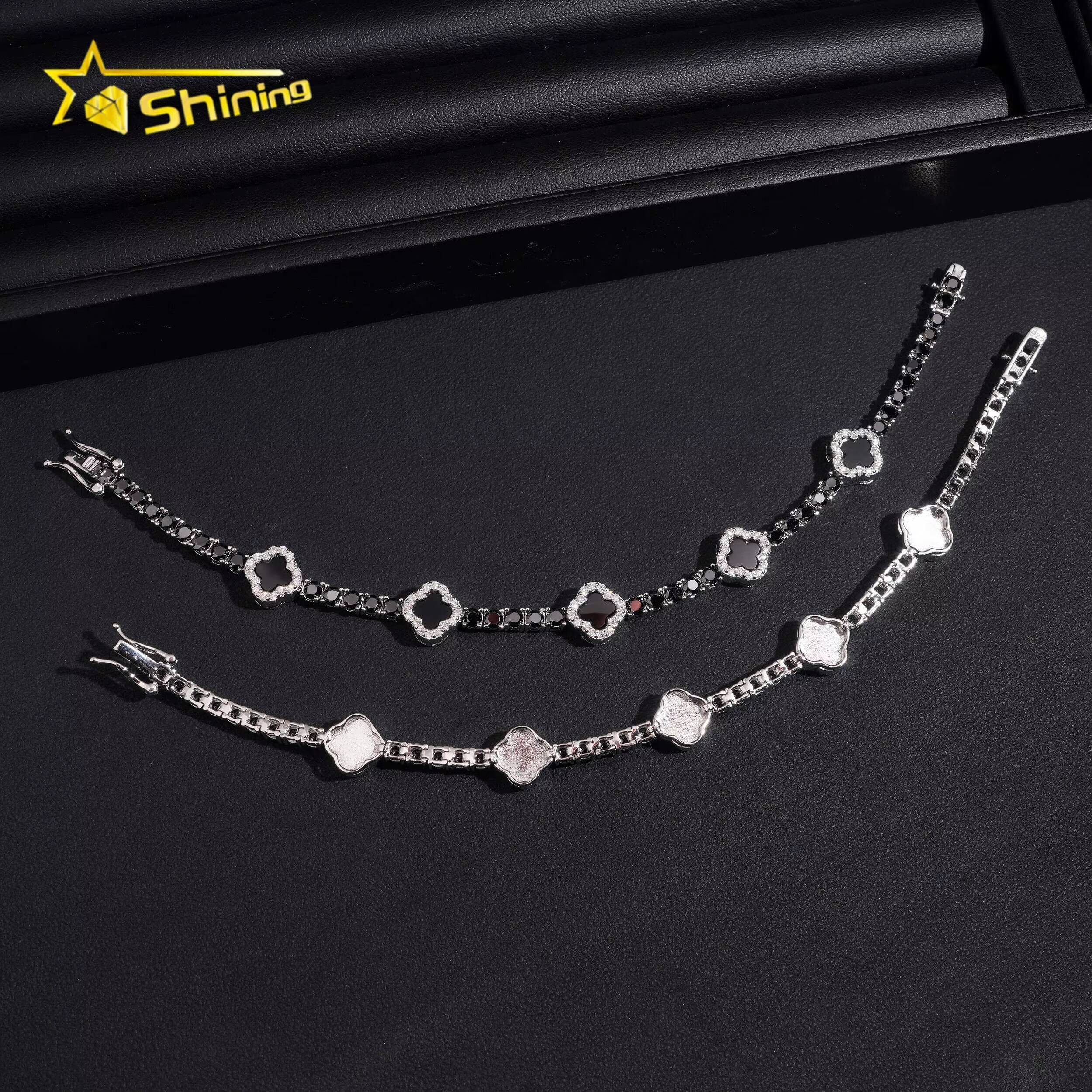 USA Warehouse Local Stock3mm Moissanite Bracelet 925 Solid Silver Hip Hop Iced Out GRA Moissanite Black Clover Tennis Bracelet