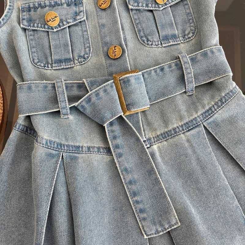 Summer New Girls Denim Dress Belt Decoration Lapel Collar Sleeveless Tutu Princess Dress For 2 -10 Years Kids Fashion Dress H260402