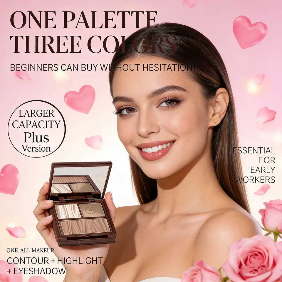 Natural Matte 3-in-1 Contour Palette - Highlighter Bronzer Blush Face Sculpting Powder Kit - Valentines Day Makeup Gift Set H260402