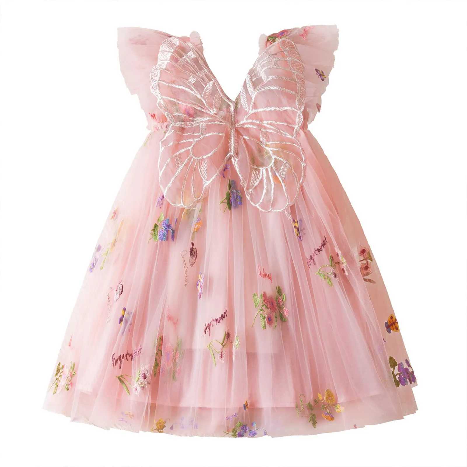 Butterfly Dress for Kids Girls 1-5 Yrs Sweet Summer Mesh Dress Flower Embroidery Birthday Party Princess Dresses with Butterfly H260402
