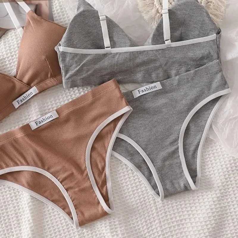Women Cotton Bra Set Briefs Low Waist Panties Wire Free Bralette Sport Lingerie Vneck Brassiere Female Underwear Set Z260402