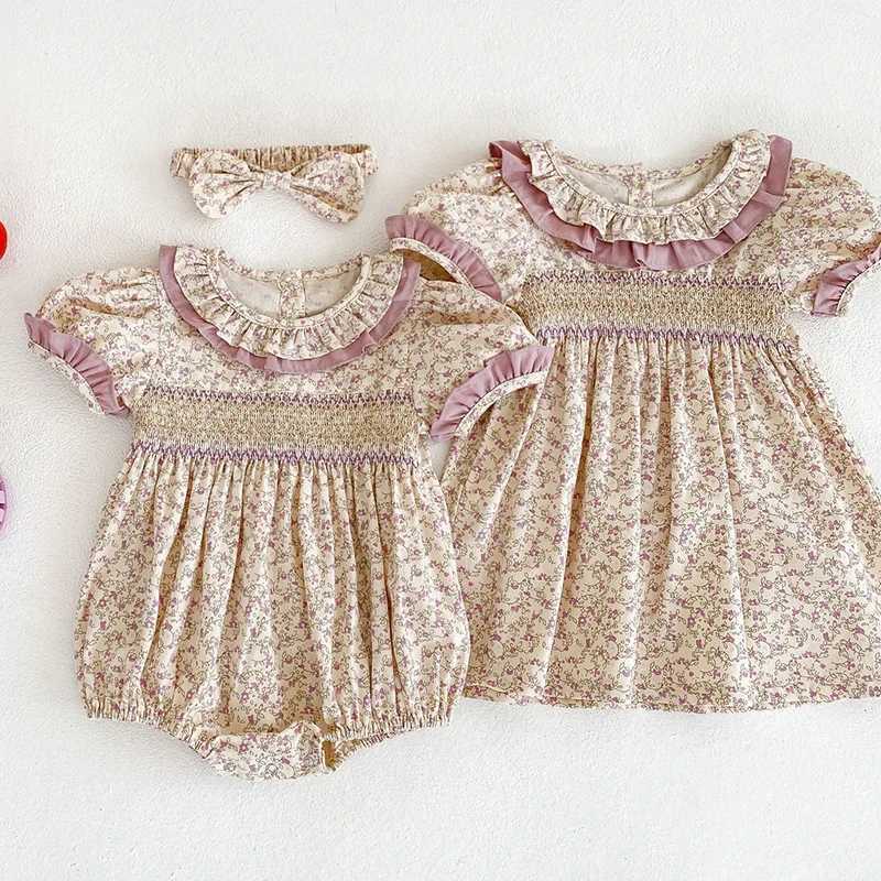 New Summer Baby Girl Clothes Short Sleeve Lace Flower Girls Dress Cotton Baby Romper Princess Dress Famil Matching Sister Outfit H260402