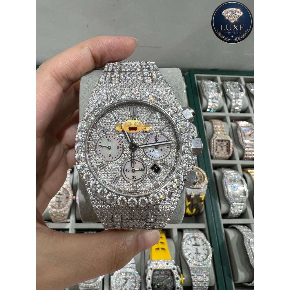 Men's Iced Out Moissanite Watch - VVS Diamond Studded, Arabic Numbers, Stainless Steel, Sapphire Crystal, Free Shipping