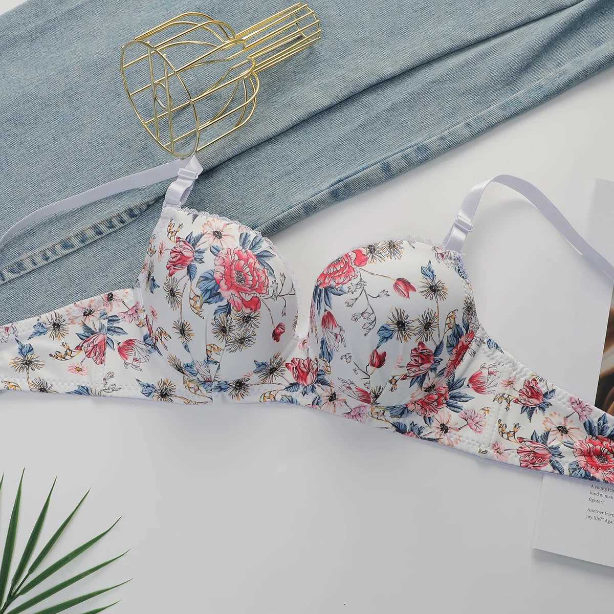 Women Floral Print Bra and Panty Set Push Up Underwire Lingerie Set Comfort Full Cup Bras and Brief for Everyday Z260402