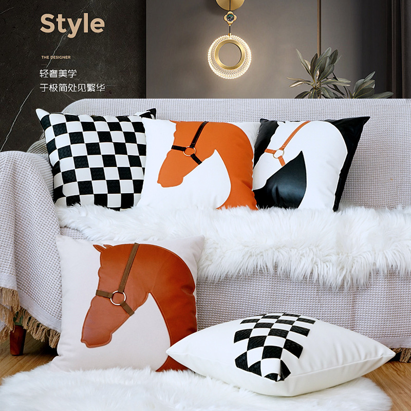 Pillowcase Nordic Light Luxury Pu Leather Ins Style Horse Head Design For Living Room Sofa Model Room Car Lumbar Pillow