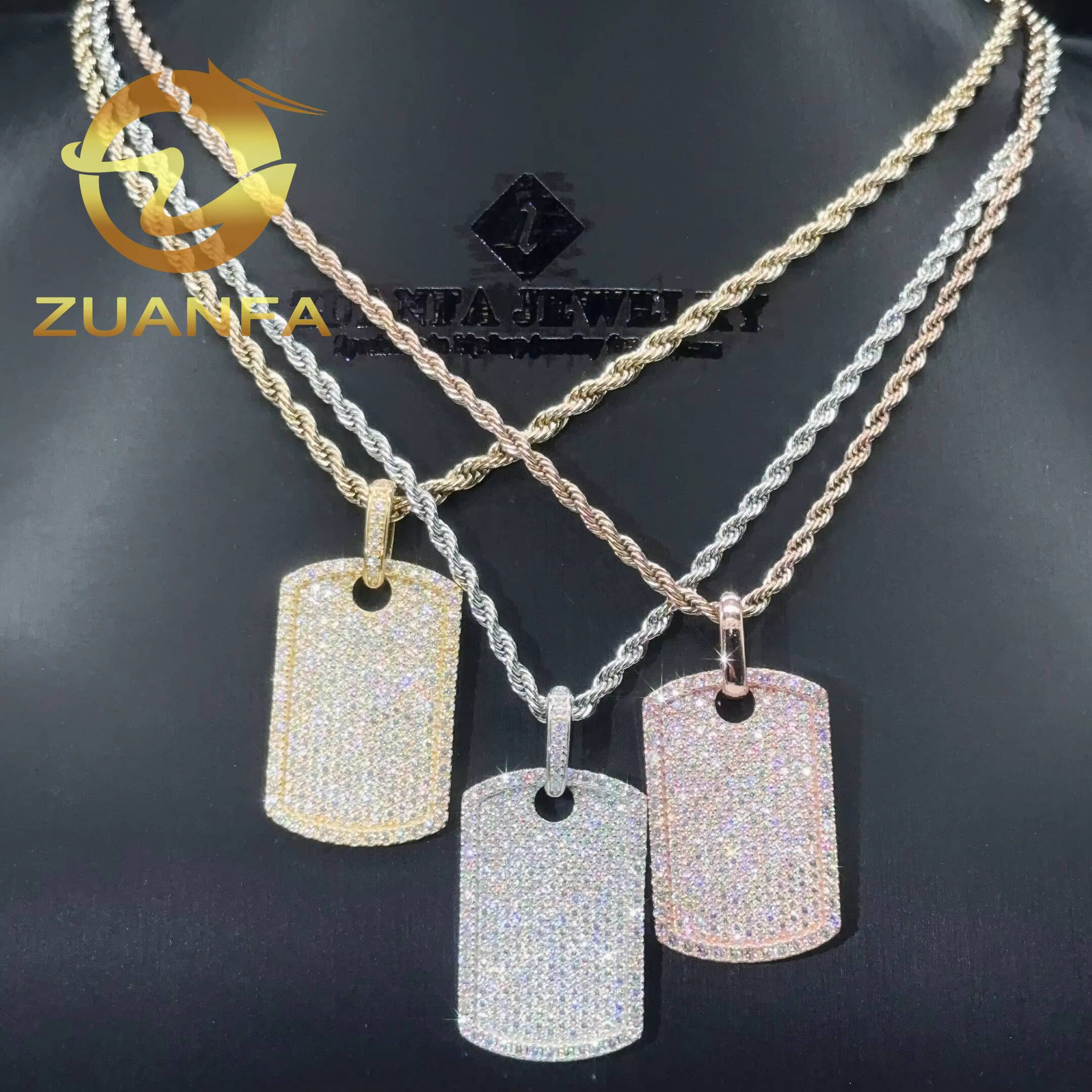 Ready to Ship Moissanite Hip Hop Jewelry Tag Iced Out Pendant Sterling Silver 925 Moissanite Dog Tag Pendant With Rope Chain