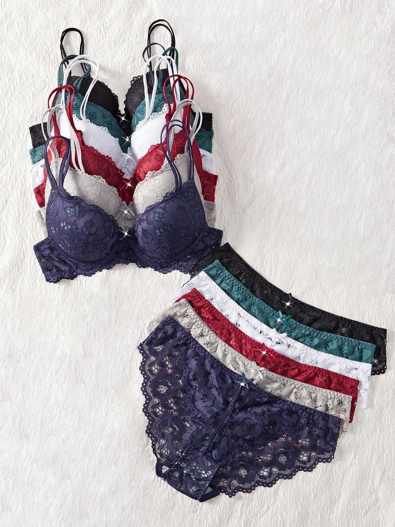 6-Piece Set Womens Bra and Panties Set Patterned Lace Patchwork No Lining Comfortable Fitting Womens Push up Bra Womens Underwear Set Z260402