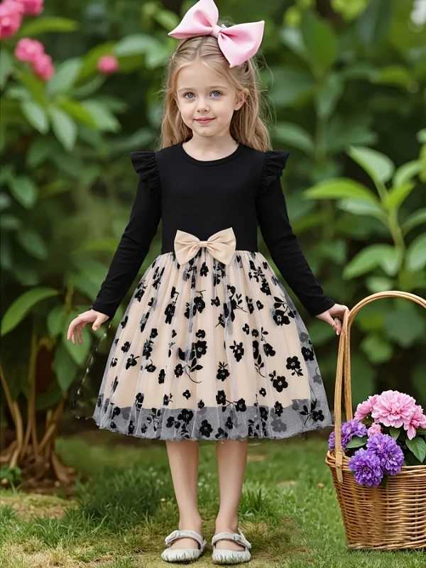 Spring Autumn Infant Toddler Girls round Neck Fly Sleeve Splice Flower Print Tulle Casual Dress for Baby Girls H260402