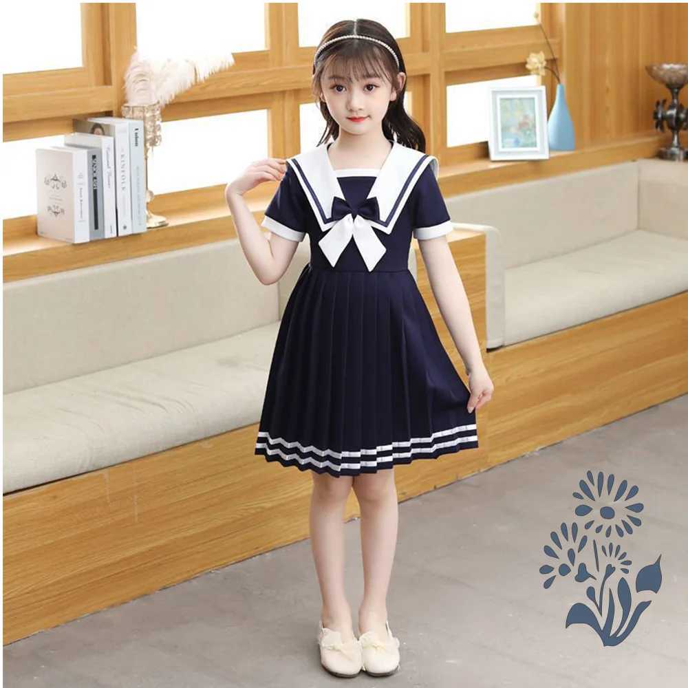 New Solid Color Sailor Dress Girls Cute Princess Dress Summer Fashion Casual Birthdays Party Dress Girls Lolita JK Dresses H260402
