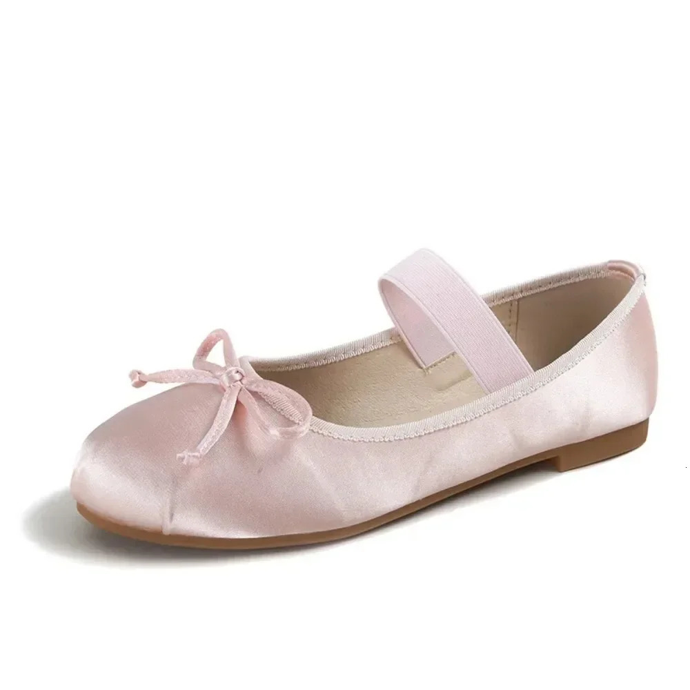 Ballet Flats Women Shoes 44 Mary Jane Shoes Round Toe Womens Shoe Bow Silk Satin Flats Women Shoes Plus Size 33-44 Valentine 260424