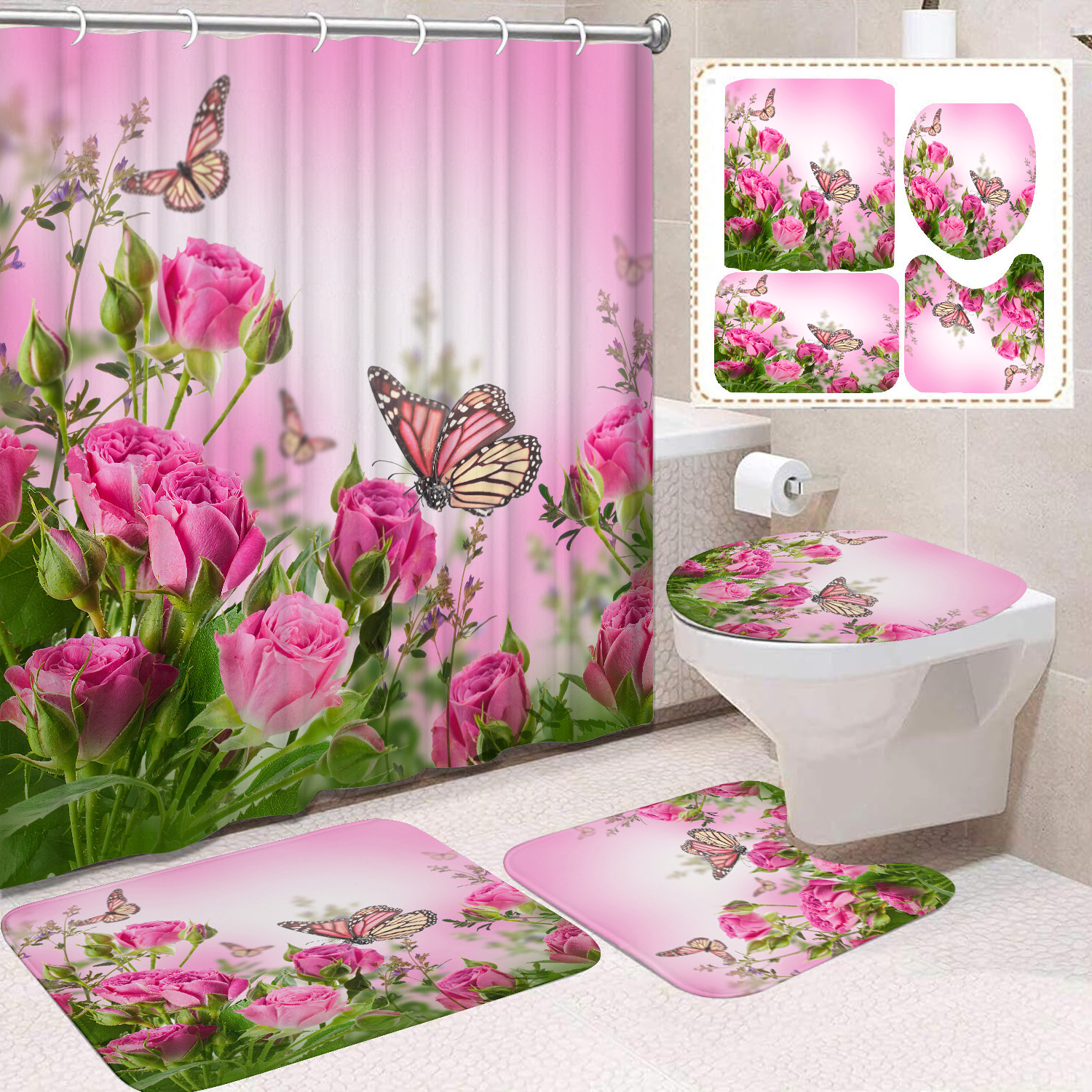 YL-38430 Home Decor Pink Butterfly and Flower Waterproof Shower Curtain Set (4 Pieces)