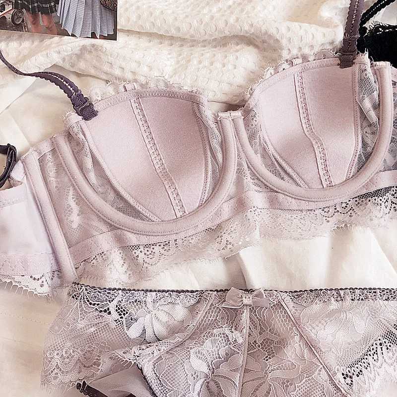 French Lace Embroidery Lingerie Set Women 1/2Thin Cup Push Up Bra Detachable Strap Anti-slip Lavender Brassiere and Panties Z260402