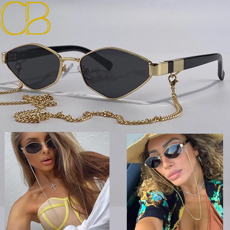Sexy Small Frame Hexagon Sunglasses Women With Chain Luxury Brand Designer Punk Sun Glasses For Ladies Y2K UV400 Shades Gafas De Sol CB Fashion Access