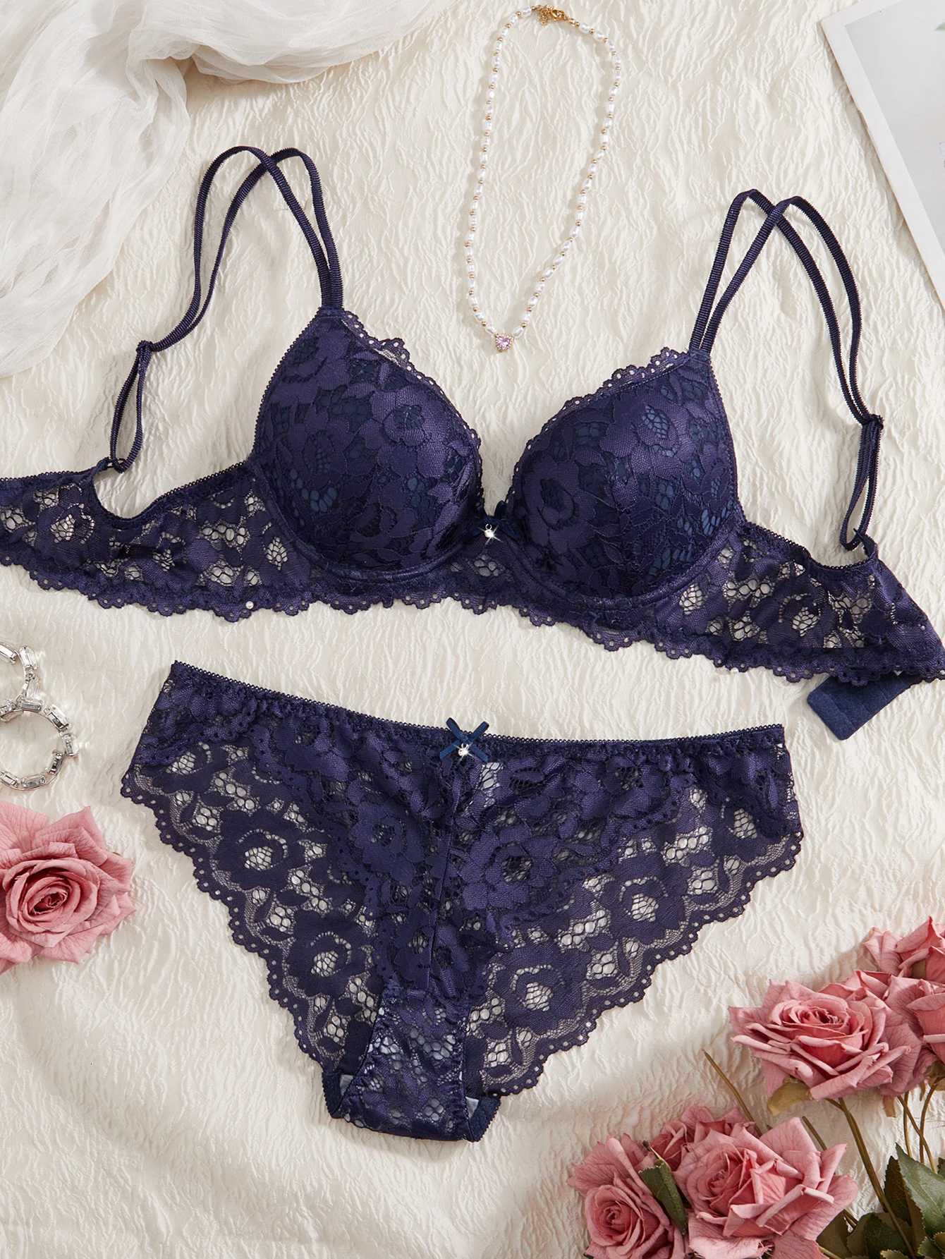 Solid Color Womens Underwear Set Lace Patchwork with Push-Up Bow Bra Romantic Semi-Transparent Womens Panties Z260402