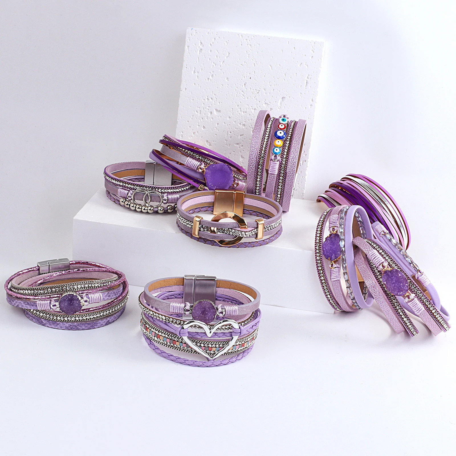 ALLYES Elegant Purple Leather Bracelets for Women Men Bohemian Charm Crystal Beads Heart Bracelet Cuff Bangles Jewelry Gifts 260318BJ
