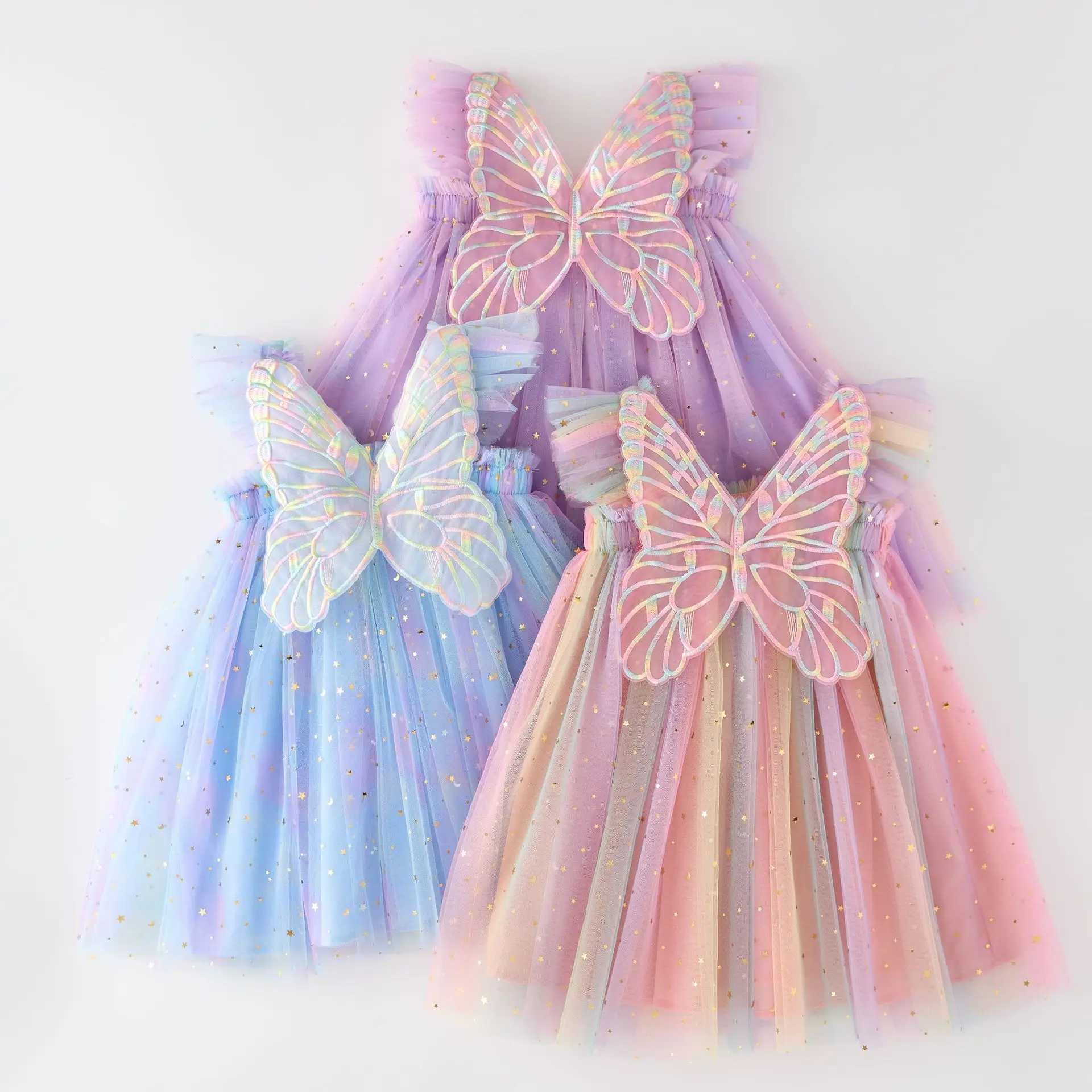 Flying Sleeves Kids Sequin Star Suspender Dresses for Girls Princess Wings Rainbow Mesh Puff Dress Baby Photo Shoot Dress H260402