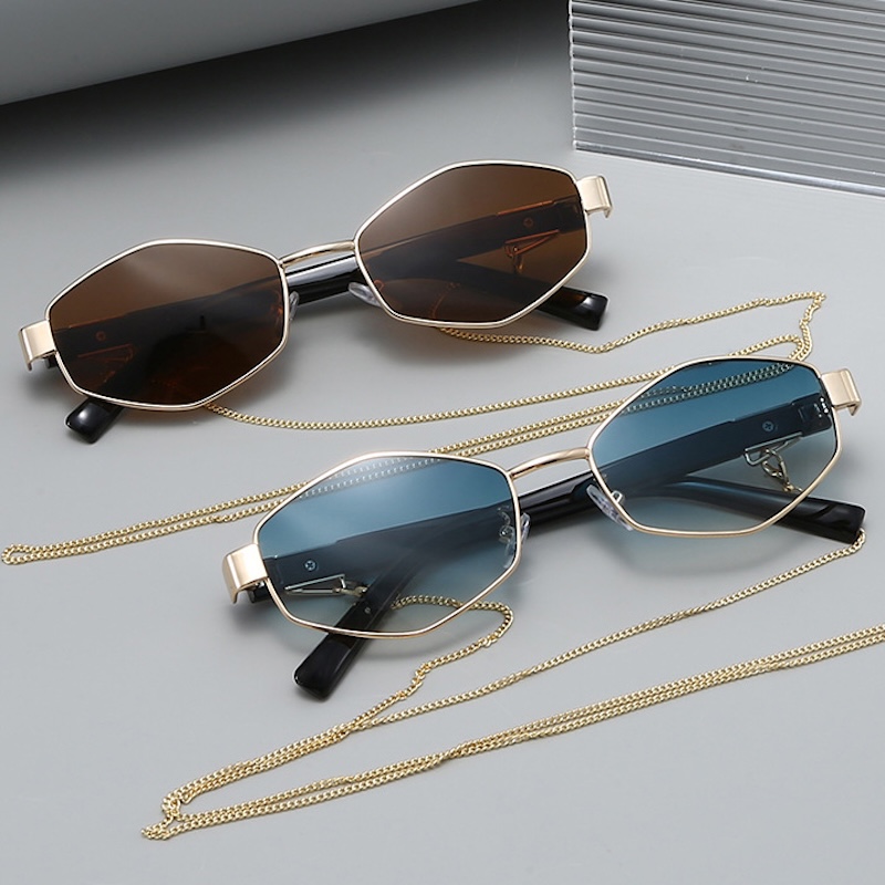 Sexy Small Frame Hexagon Sunglasses Women With Chain Luxury Brand Designer Punk Sun Glasses For Ladies Y2K UV400 Shades Gafas De Sol CB Fashion Access