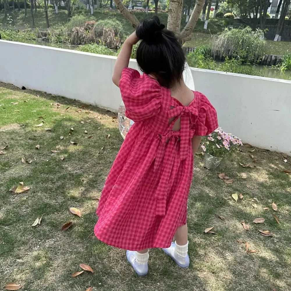 Bear Leader Rose Pink Plaid Bow Dress Elegant Lolita Child Big Girls Midi Dress Children Dresses Teens Party Princess Sundress H260402