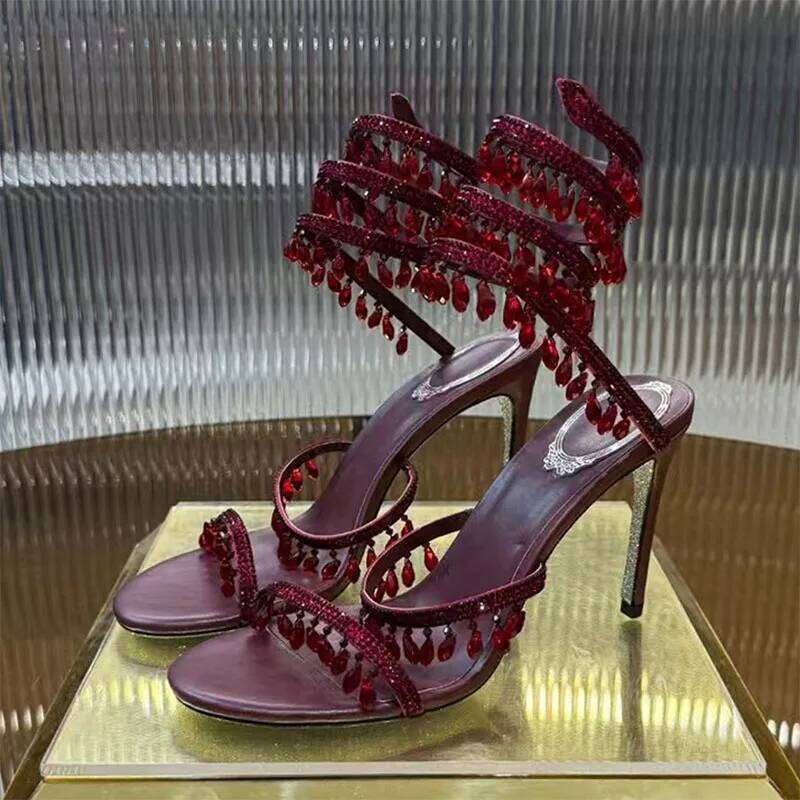 Summer High Heels Women Rhinestone String Bead Ankle Snake Twine Around Wedding Shoes Lady Gladiator Sandals Woman