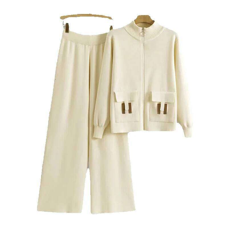 Women 2 Piece Set Knit Sweater Jacket Cardigan Wide Leg Pant Casual Knitted Outfits Tracksuit Suit Autumn Winter Knitwear