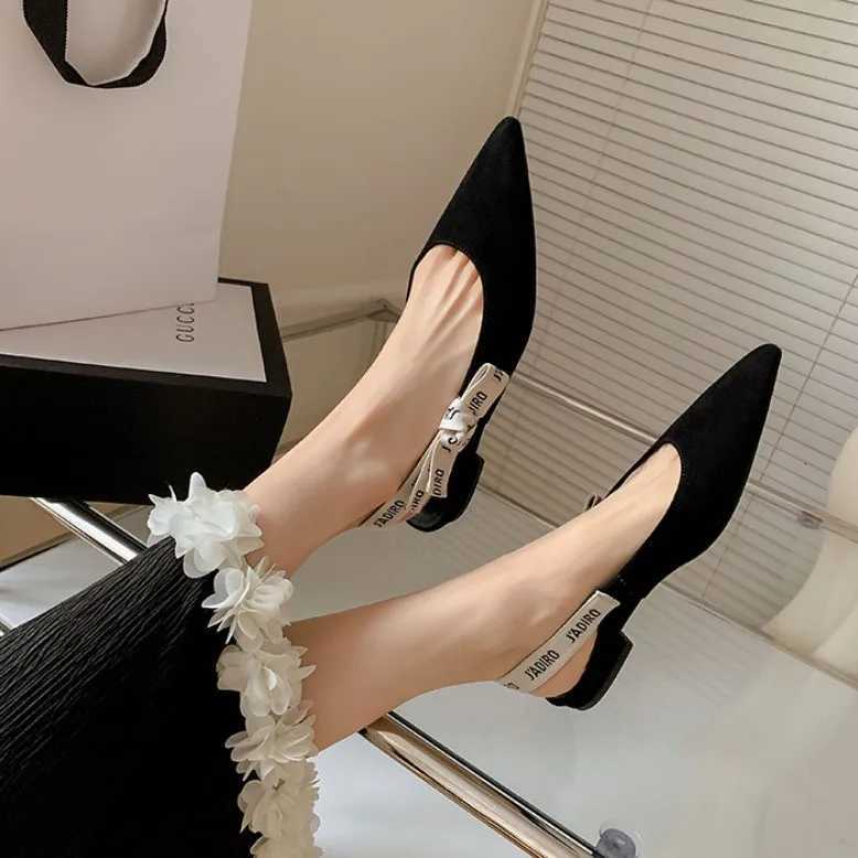 New Summer Low Block Heel Suede Pointed Toe Low-Cut Flats with Letter Back Strap Closed-Toe Sandals H260402