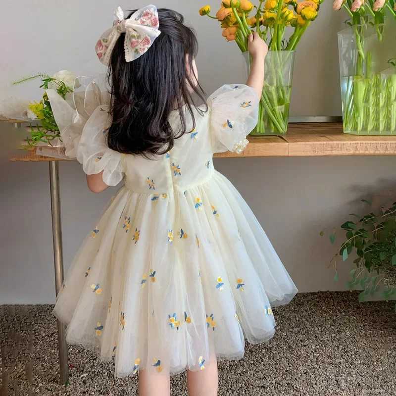 Summer Girls Flower Mesh Princess Dress Kids Cute Puff Short Sleeve Dresses for Girls Korean Clothing Children Dress For 1-6T H260402