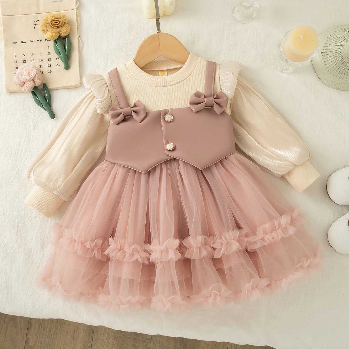 Autumn New Solid Color Chiffon Baby Girl Princess Dress Sweet Bow ChildrenS Clothing For Birthdays 6 Months -3 Years H260402
