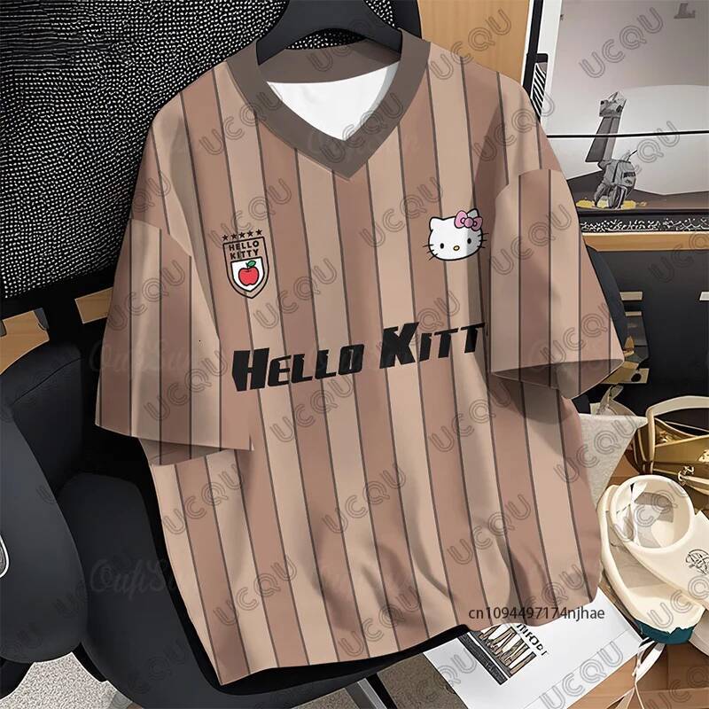 Designer 2026 Summer New Pink Hellokitty Stripe Print Children T-Shirt V-Neck Short Sleeve Sports Football Jersey Casual Kids/Adult Tops Luxury Goods