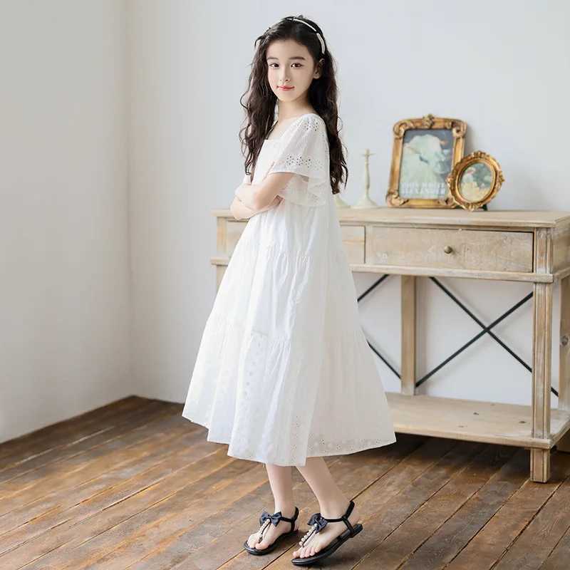 2026 Summer Girls White Lace Dress Cotton Square Collar Flare Sleeve Princess Dresses for Kids 12 13 14 Years Children Clothes H260402