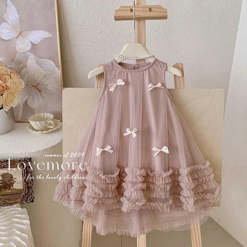 Girls Princess Dresses Kids Sleeveless Stereoscopic Bow Mesh Dress Children Clothes Party Gown Ball 2-10 Years H260402