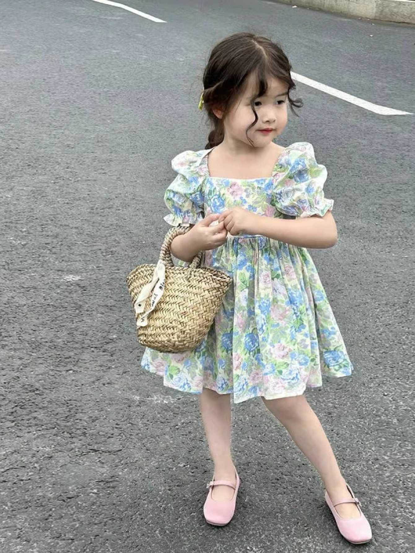 Girls Summer Floral Backless Dress Puff Sleeve Square Neck Princess Dress Korean Style Kids Fashion H260402