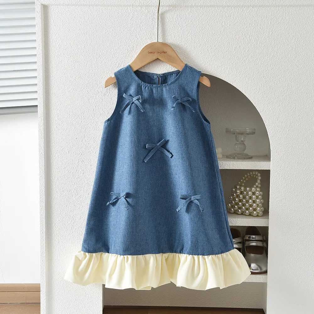 Blue Summer New Casual Girls Clothes Round Neck Sleeveless Bow Lace Vest Princess Dress for Girls Aged 3-7 Korean Version H260402