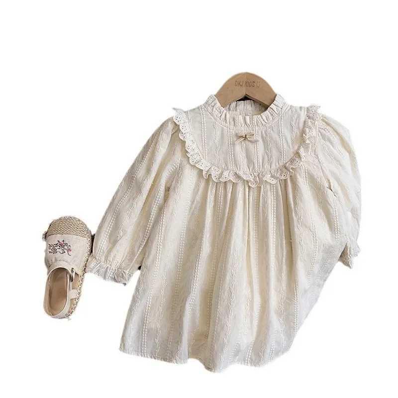 Bowknot Nylon Lace Embroidered Flower Half High Collar Cut-out Princess Dress Autumn Dress Kids Dresses for Girls Kids H260402