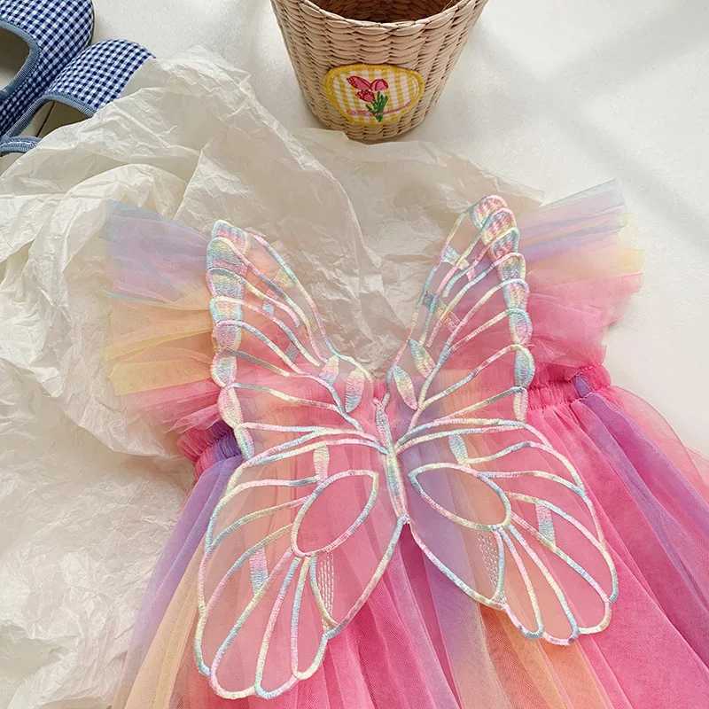 Summer Girls Sweet Flying Sleeves Rainbow Stereoscopic Wings Mesh Girl Dresses Cute Baby Dress Princess Clothes H260402