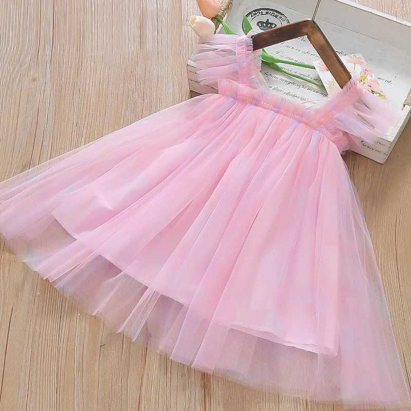 Baby Girls Dress for 1 to 5 Years Fly Sleeve Cute Princess Butterfly Mesh Dress 2024 New in Dress Rainbow Summer Dress for Girls H260402