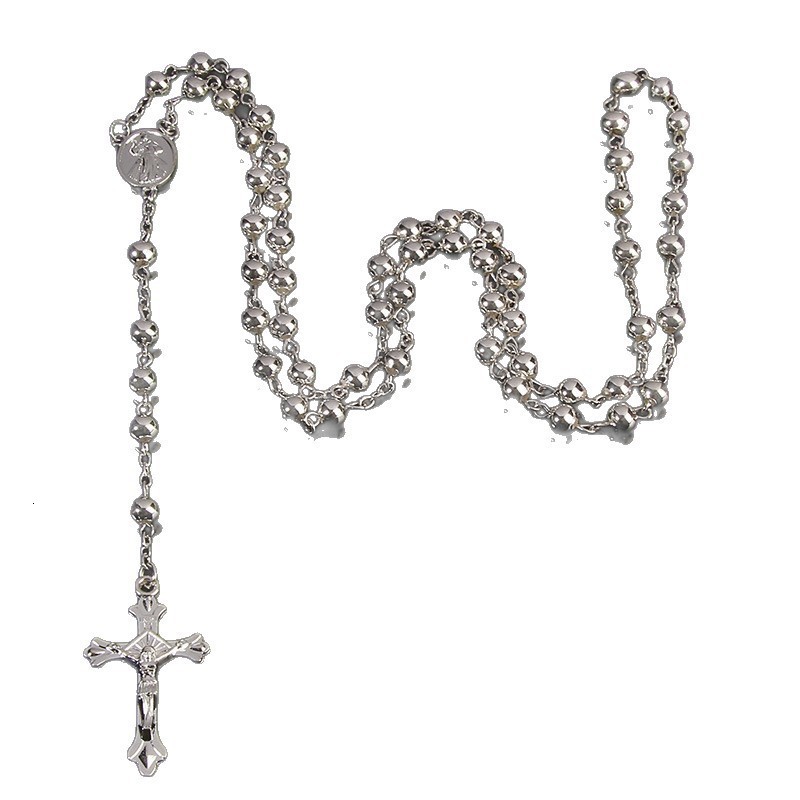 Stainless Steel Beads Necklace Gold Color Rosary Necklaces Pendants Jesus Christ Cross Long Chain Men Women Jewelry Gift NZ009 260205