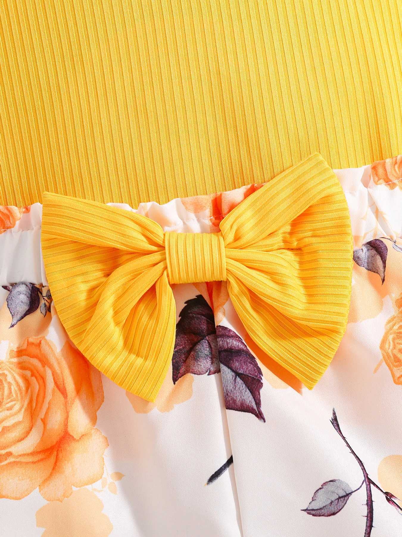 2025 Fashion Girl Summer solid color breathable wear-resistant and washable knitted top with flower print pattern dress H260402