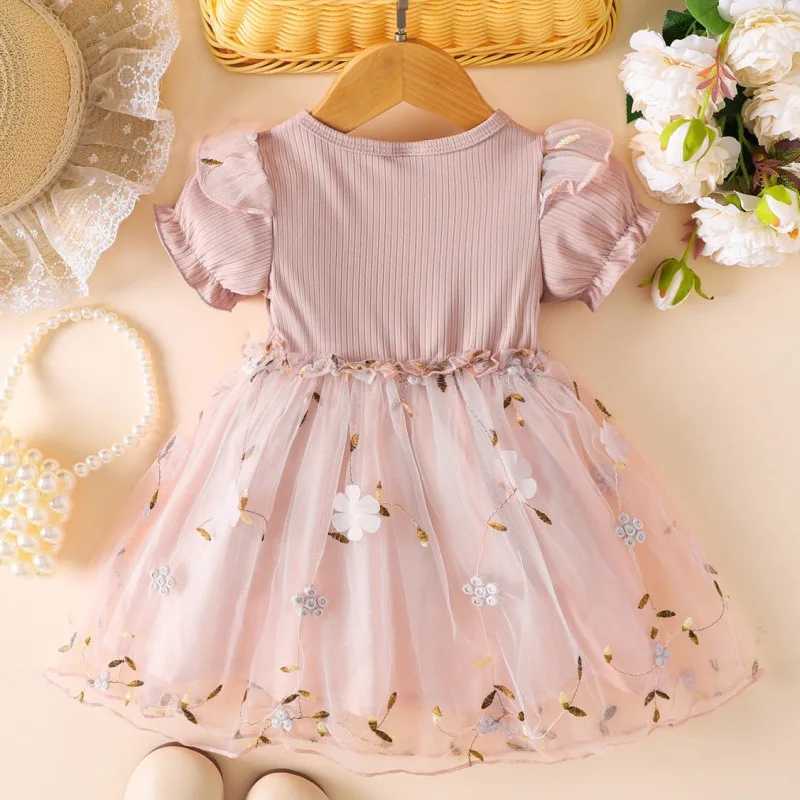 Baby Girl Dress Summer Girl Full Print Flower Mesh Princess Dress Girl Bow Flower Girl Wedding Dress Birthday Dress H260402