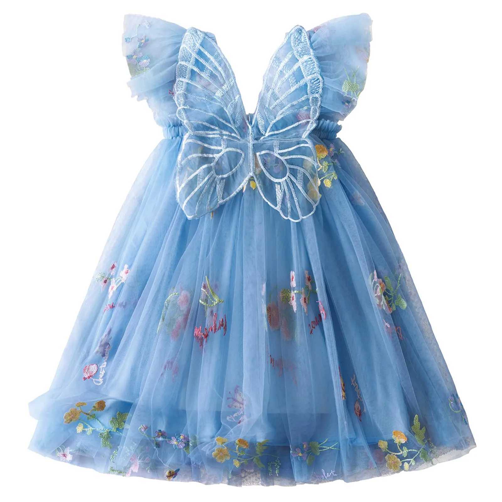 Butterfly Dress for Kids Girls 1-5 Yrs Sweet Summer Mesh Dress Flower Embroidery Birthday Party Princess Dresses with Butterfly H260402