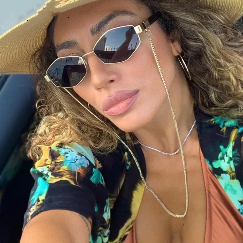 Sexy Small Frame Hexagon Sunglasses Women With Chain Luxury Brand Designer Punk Sun Glasses For Ladies Y2K UV400 Shades Gafas De Sol CB Fashion Access