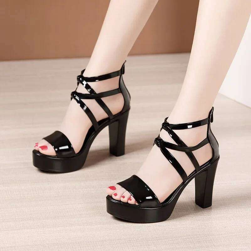 Big Size 32-43 Block Heel Platform Women Wedding Shoes 2025 Summer High Heels Gladiator Patent Leather Sandals