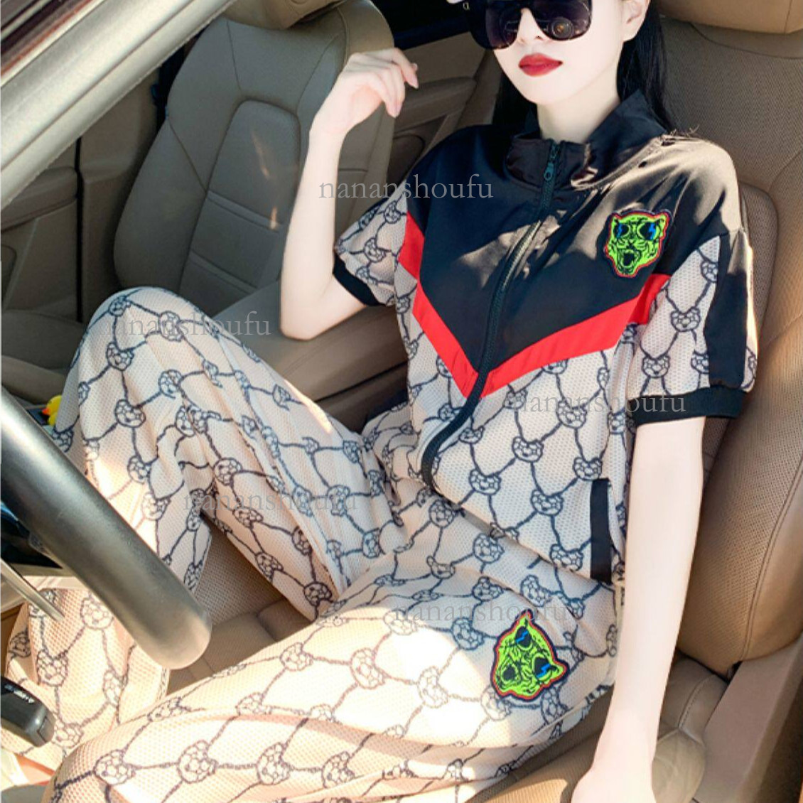 2026 Designer Sports Suit Luxury New Casual And Stylish Age Reducing Slimming Wide Leg Pants Fashion Printed Zipper Jacket Women's Short Sleeved 