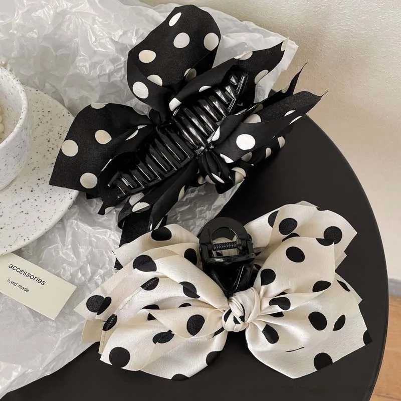 Vintage Black Polka Dot Bow Hair Claw Crabs For Women Elegant Large Shark Cip Ponytail Braid Hair Claw Hair Accessories H260402