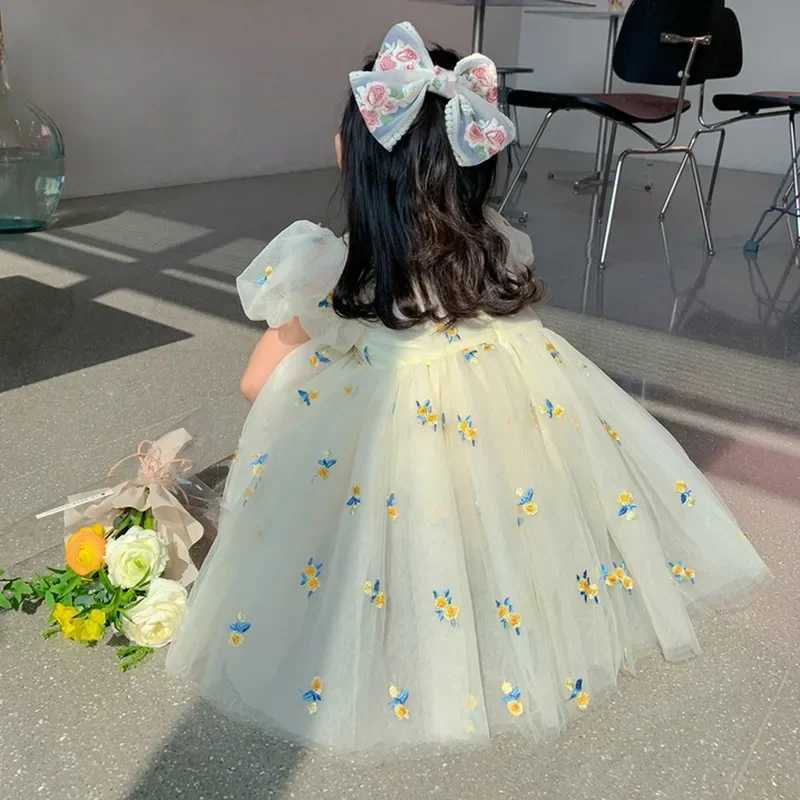 Summer Girls Flower Mesh Princess Dress Kids Cute Puff Short Sleeve Dresses for Girls Korean Clothing Children Dress For 1-6T H260402