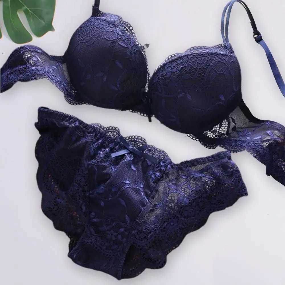 2 Pcs/Set Women Underwear Set Bra Panties Set Lace Push Up Elastic Deep V Neck Solid Color Soft Padded With Wire Bow-knot Back C Z260402