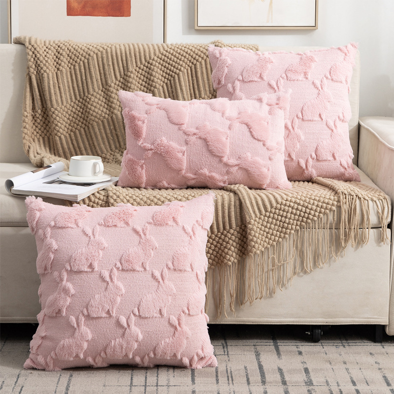 Pillowcase New Quilted Embroidered Rabbit Shaped Fur Sofa Pillowcase No Insert Office Back Cushion Bedside Pillow Pink Bow Tie
