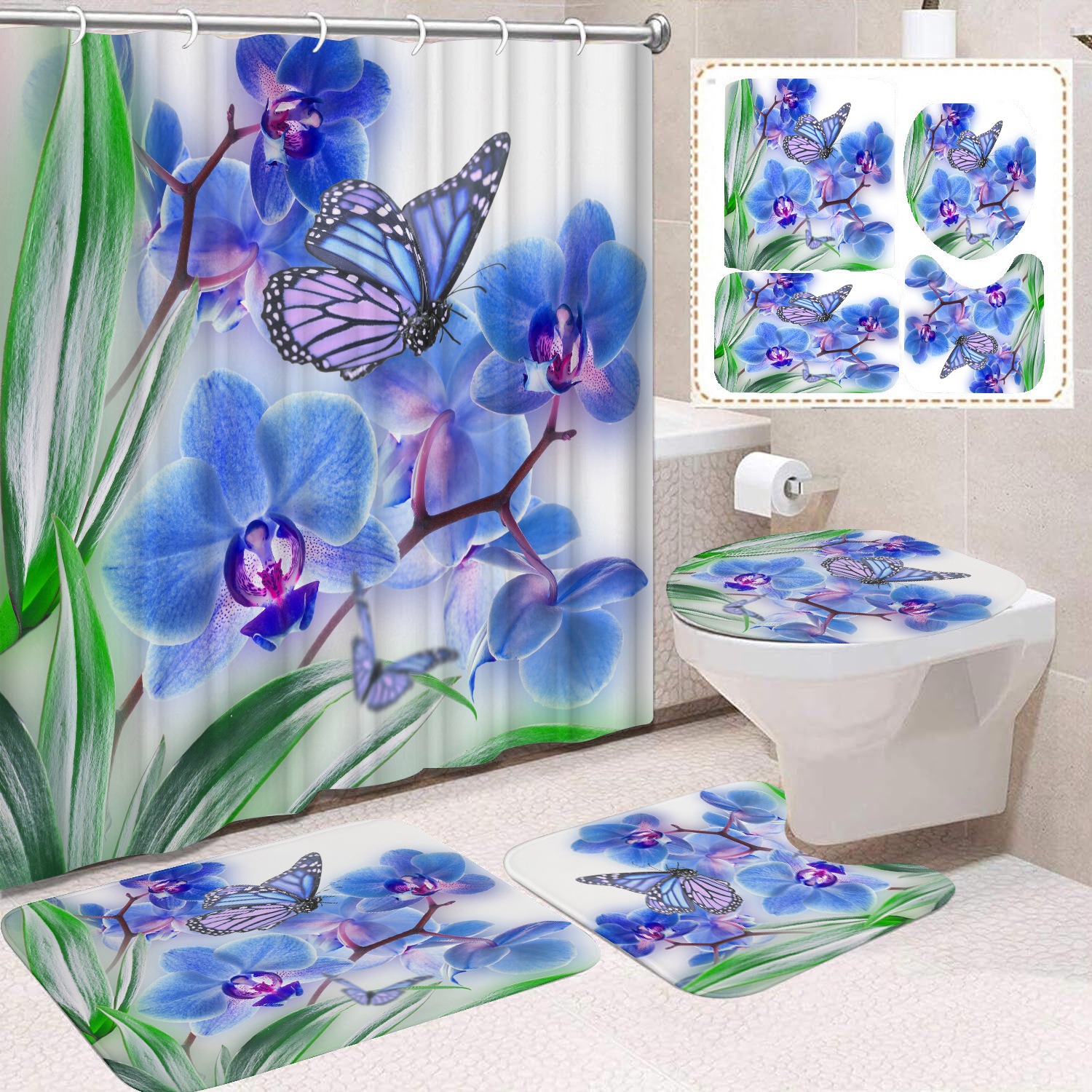 YL-38433 Home Decor Pink Butterfly and Flower Waterproof Shower Curtain Set (Four Pieces) Factory